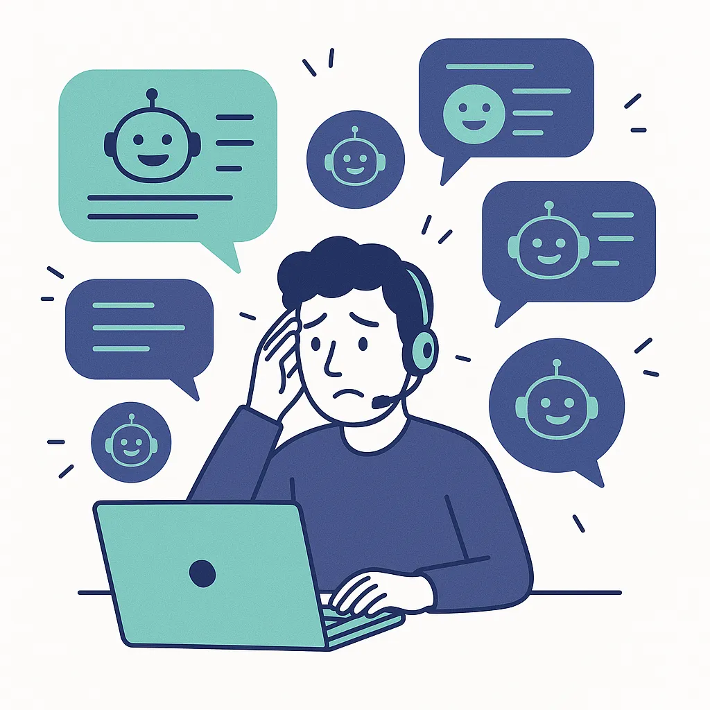 Overwhelmed operator surrounded by chatbots